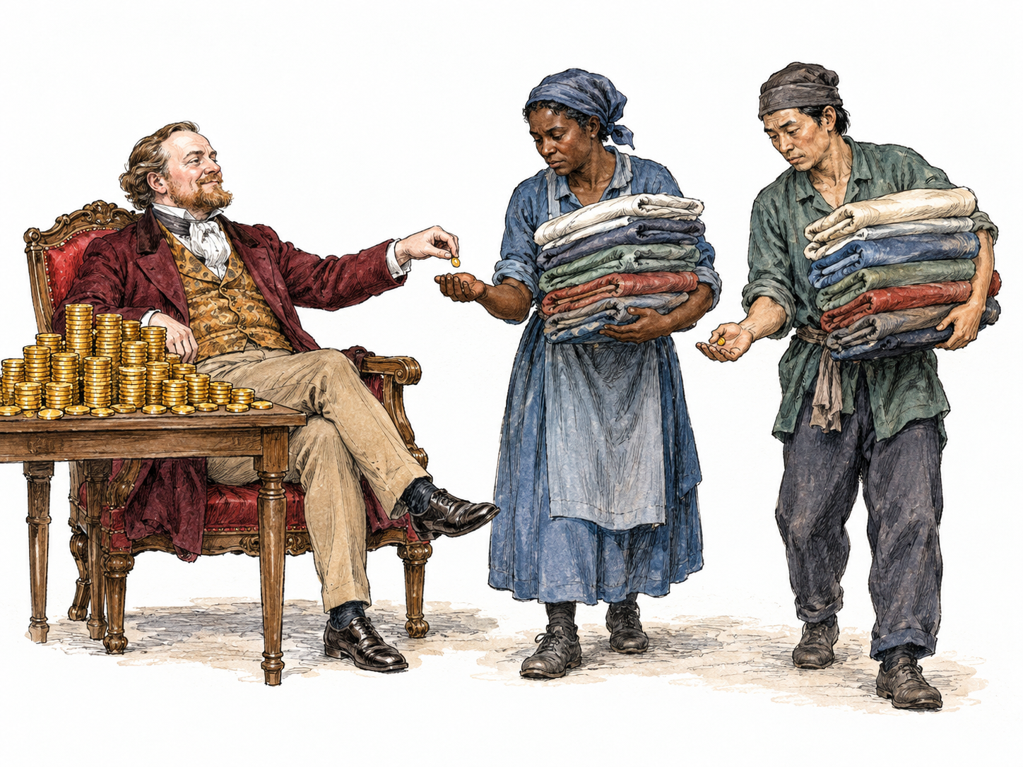Two adult workers carry a heavy stack of finished folded cloth while a comfortably seated owner collects a large pile of coins and hands them a tiny coin each.