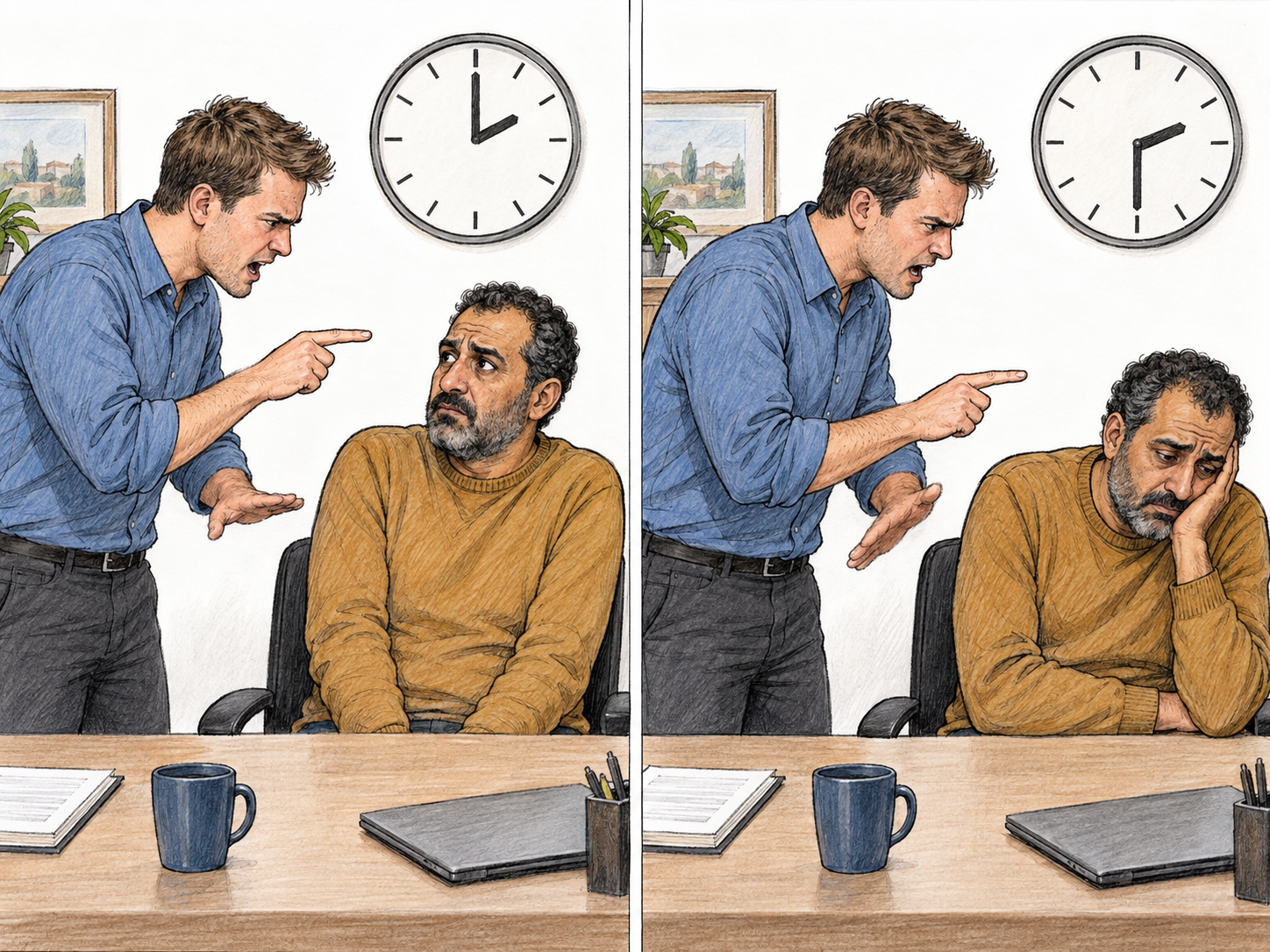 A text-free two-panel sequence shows the same man delivering an angry, accusatory speech to a silent seated listener.