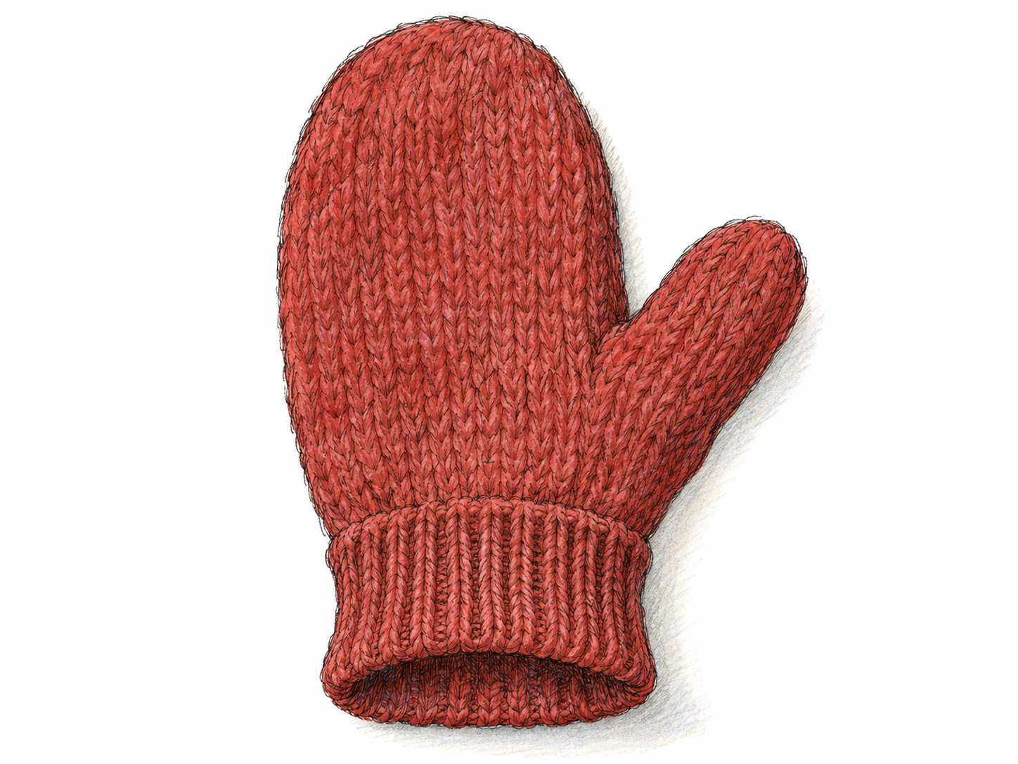 One wool mitten laid flat, showing its broad undivided finger compartment, separate projecting thumb compartment, and open ribbed wrist cuff.