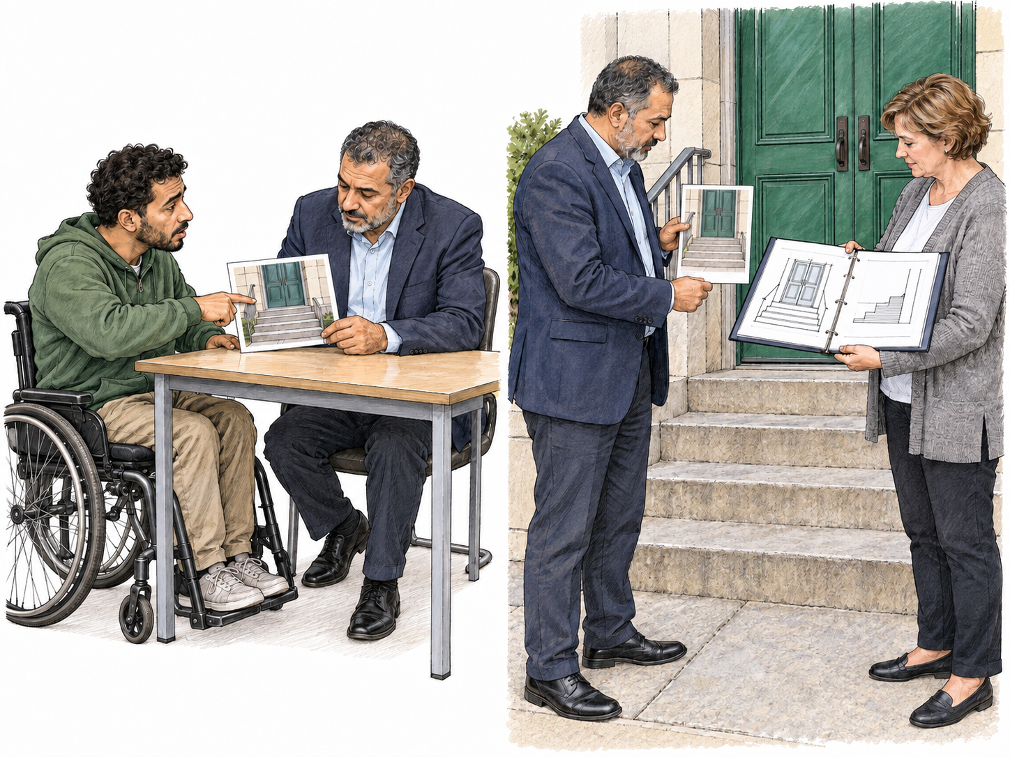 An ombudsman receives a wheelchair user's complaint about an inaccessible public office, then independently investigates it at the office by comparing the complainant's photographic evidence with the actual entrance and the organization's records.