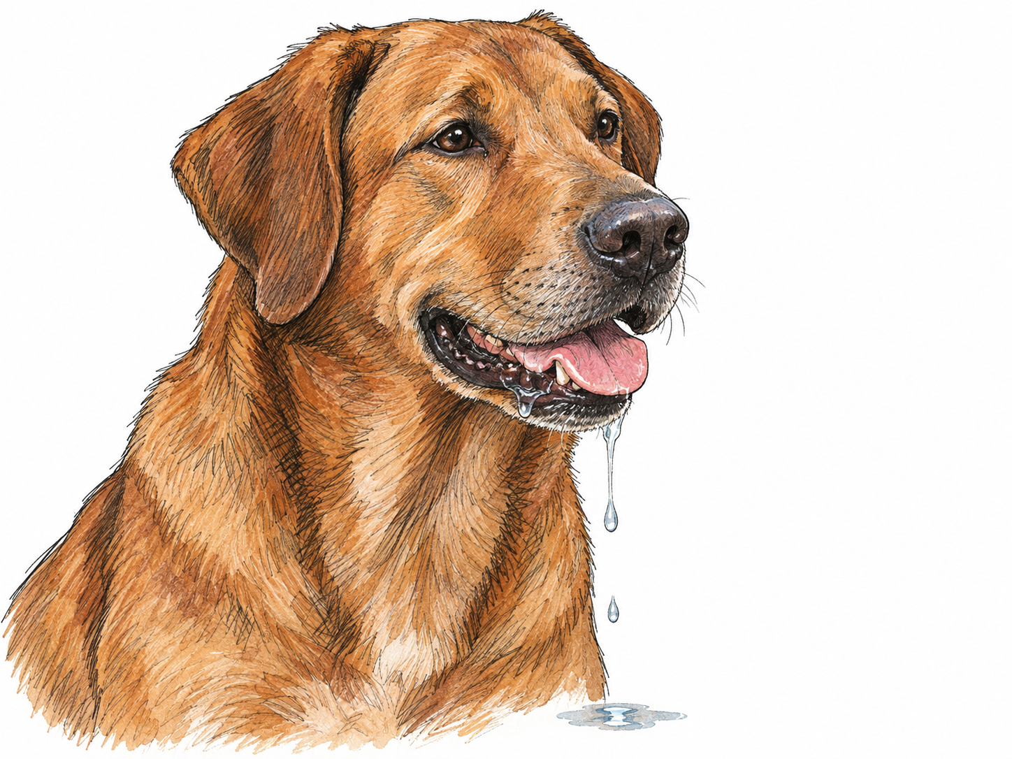 A relaxed dog with its mouth slightly open, a clear strand of saliva running from its lower lip toward a small wet spot beneath its muzzle.