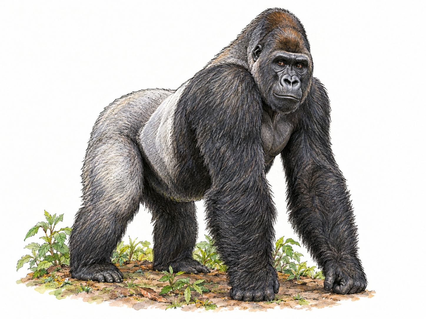 A single adult male silverback gorilla in a three-quarter knuckle-supported stance, emphasizing its massive shoulders, long muscular arms, dark face and distinctive silver back.