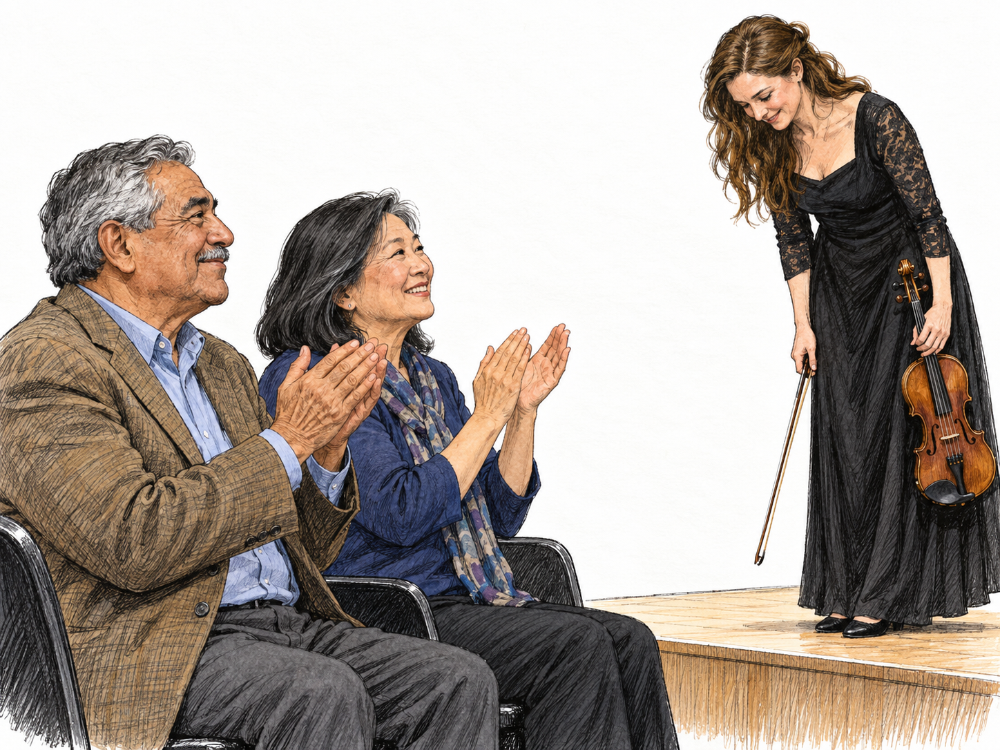 Two smiling audience members clap toward a violinist taking a bow, making both the physical clapping and its approving purpose visible.