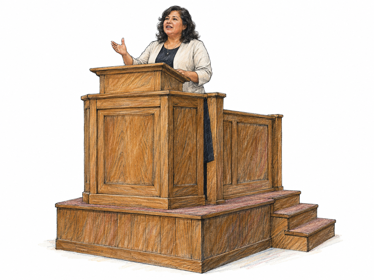 A middle-aged Latina preacher speaks from a clearly elevated wooden pulpit, with a short flight of steps making the raised platform unmistakable.