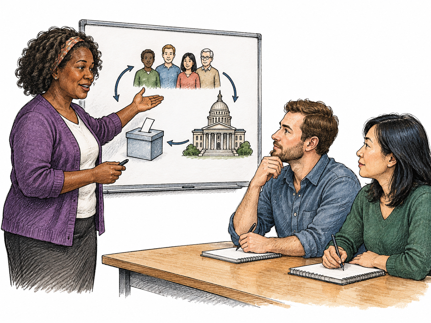 A teacher explains a simple pictorial diagram of citizens, a ballot box and a public council to exactly two adult learners; rights/duties/government study, no political slogan or legal prose.