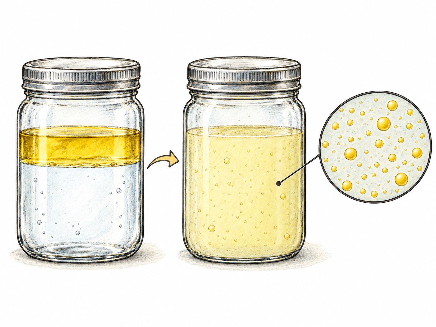 Two matching glass jars show oil and water before and immediately after shaking: distinct liquid layers on the left, a cloudy temporary emulsion on the right.