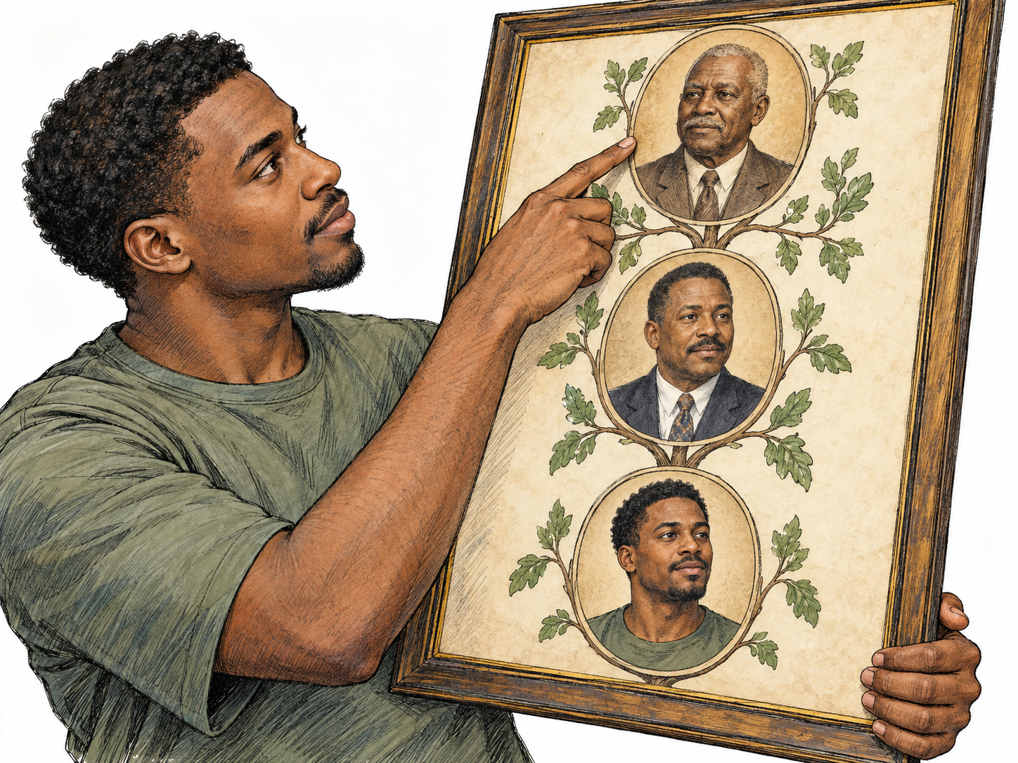 A young man examines a framed, text-free family tree connecting his own portrait to portraits of his father and grandfather, with progressively older clothing styles making the earlier generations visible.
