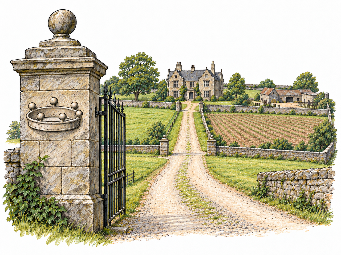 A baronial landed estate seen through its open entrance: a prominent gatepost bears a baron's six-ball coronet in sculpted relief, while the entrance drive, manor, enclosed fields and farm buildings visibly belong to one continuous property.