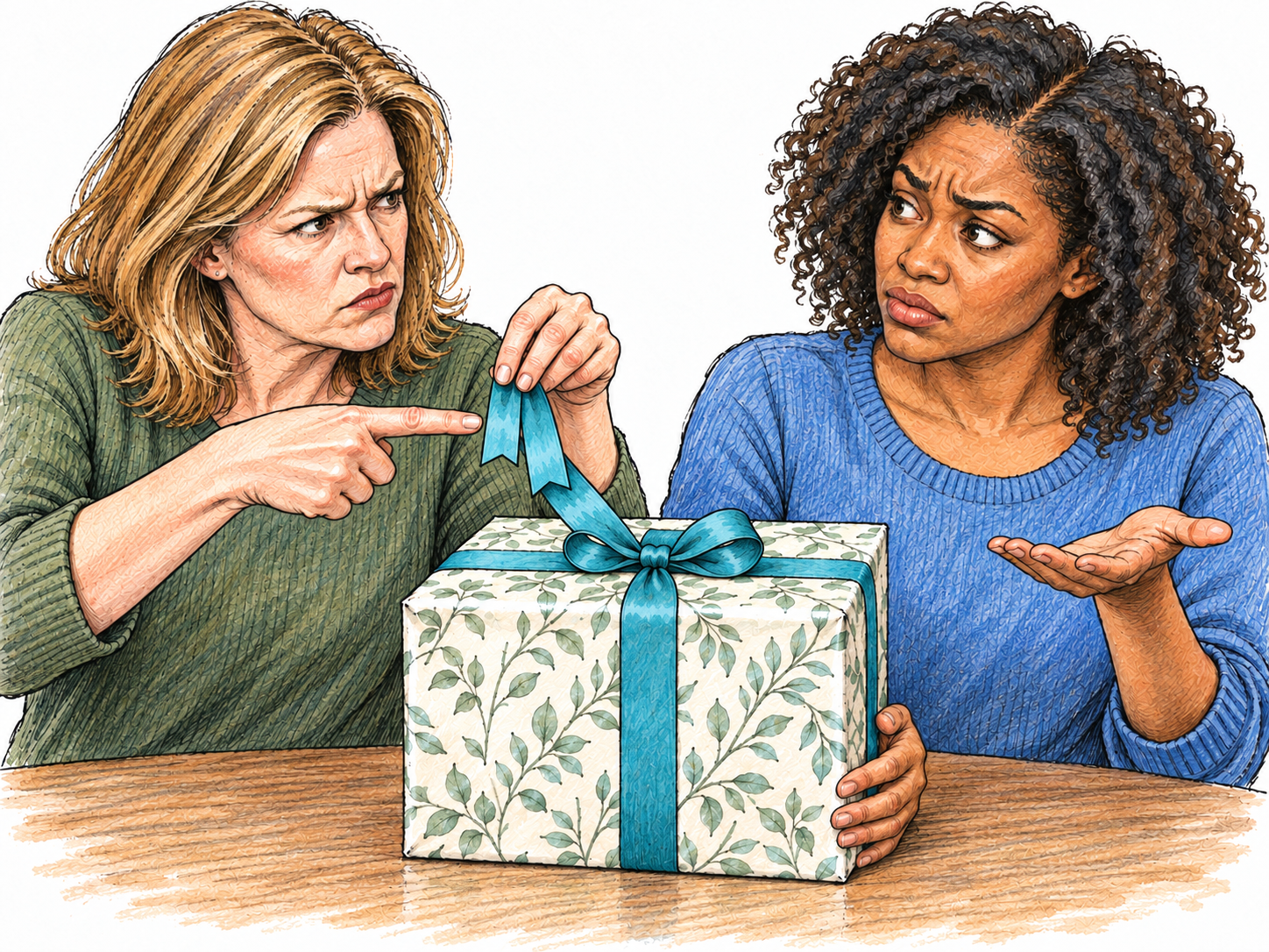 Beside an otherwise beautifully wrapped gift, one woman complains about the tiny difference in length between the two ribbon tails.