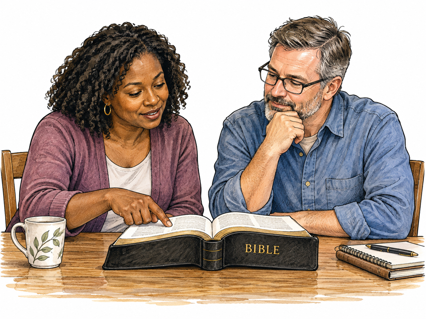 Two adults study an open Bible in a modest church study, the book's only clear text is BIBLE on its cover; sacred-writing context respectful, page text abstract and nonlegible.