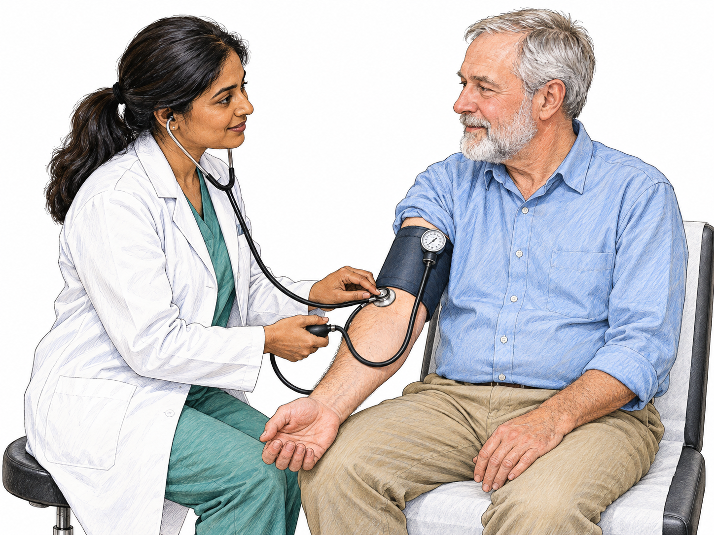 Clinician directly examines patient's upper arm with blood-pressure cuff, attentive conversation; correct cuff and stethoscope, small exam chair, white ground.