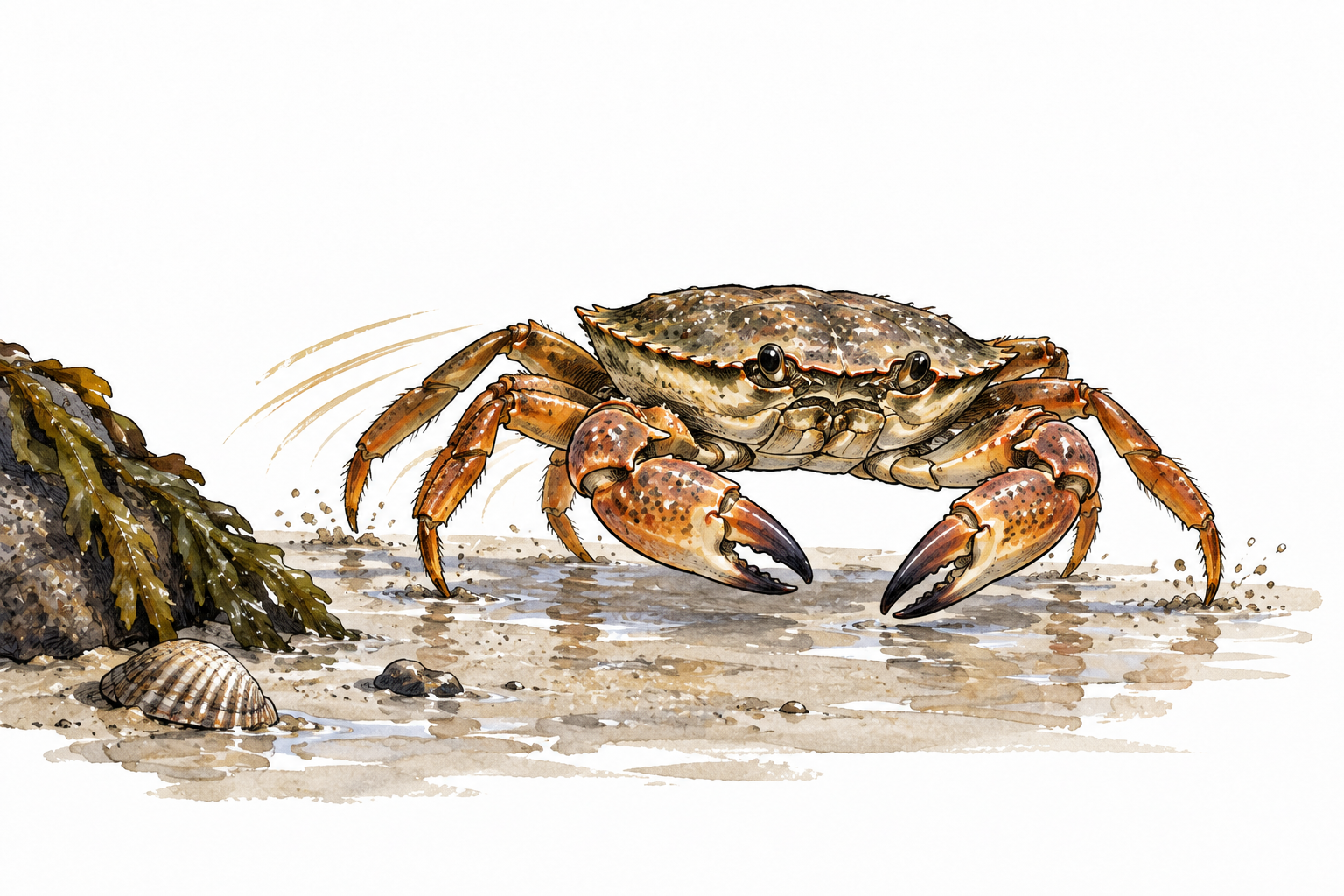 A shore crab moves sideways on wet sand, subtle lateral motion marks, natural anatomical proportions.