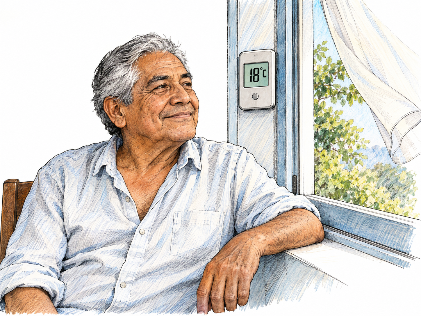 An older man comfortably enjoys cool air at an open window; a clearly readable thermometer showing 18°C anchors the scene to moderately cold, pleasant temperature rather than freezing weather.