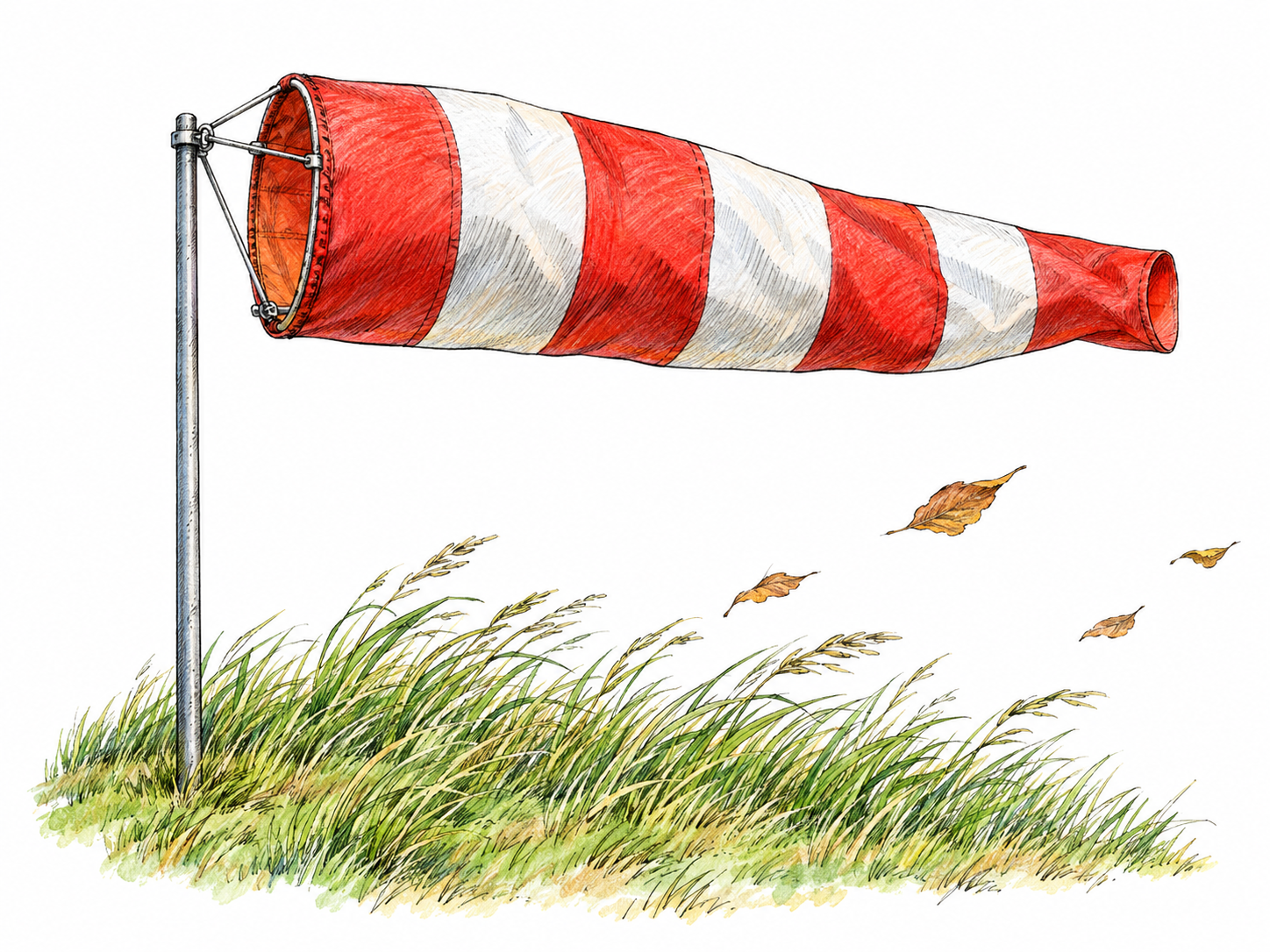 An outdoor windsock stretched sideways, with nearby grass and airborne leaves moving in the same direction, makes otherwise invisible moving air visible.