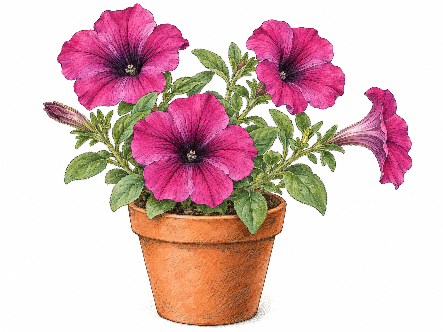 A compact flowering petunia in a plain garden pot, with broad magenta funnel-shaped blooms shown from the front and side, making both the flared rims and deep flower tubes recognizable.