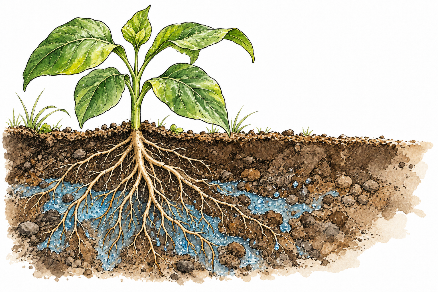 A plant's roots draw life-sustaining water from soil, cutaway shows roots and moisture, essential requirement.