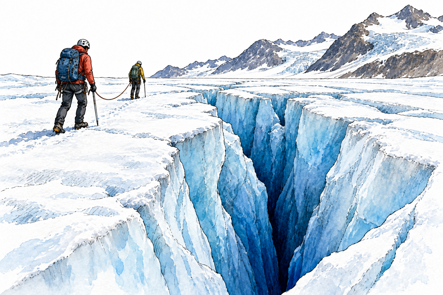 Deep blue crevasse splits glacier, roped climbers remain well back for scale, natural ice detail.