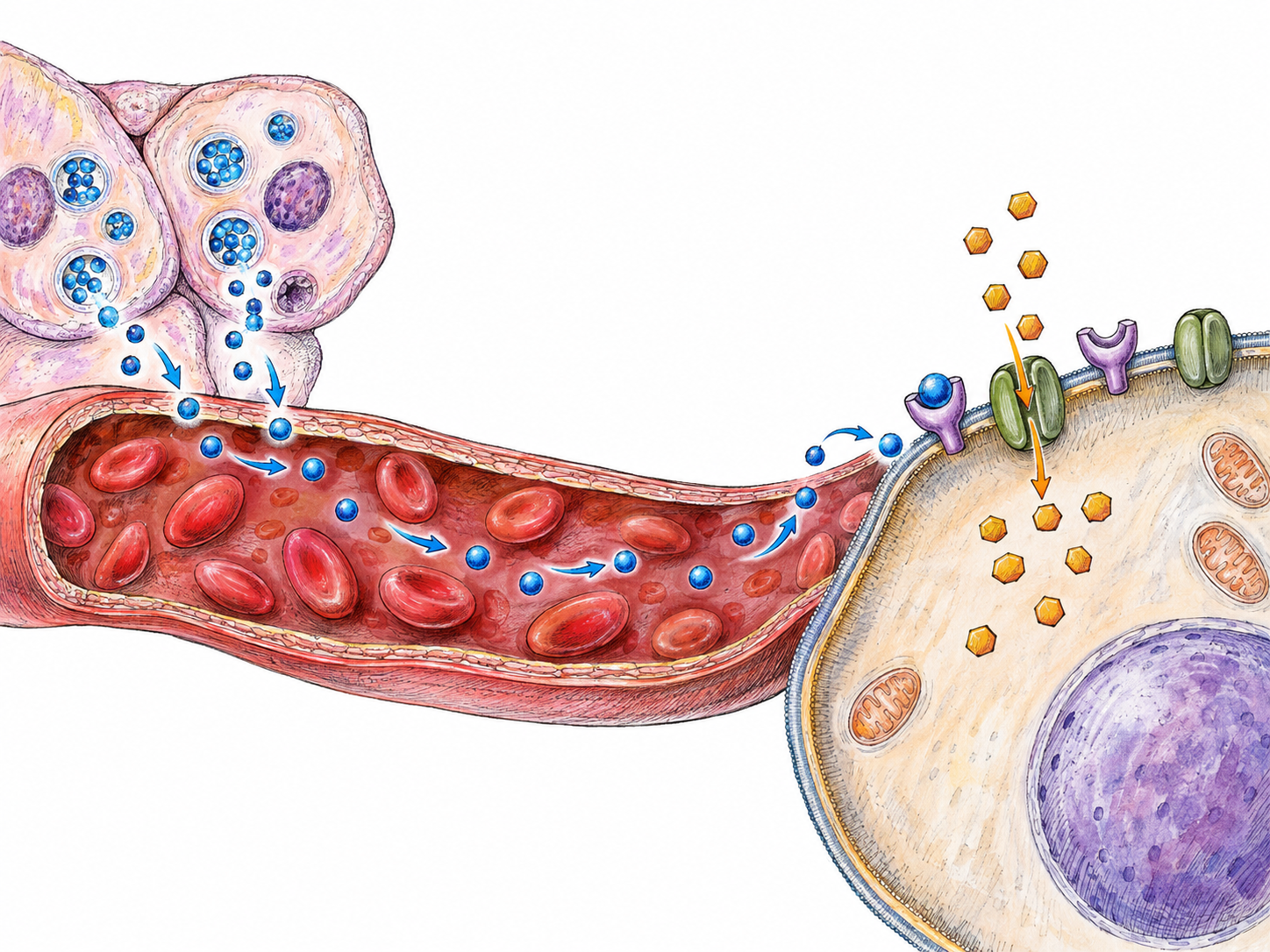 A text-free biomedical cutaway showing endocrine cells releasing chemical messengers into a blood vessel, with those messengers binding to receptors on a distant target cell and triggering glucose uptake.