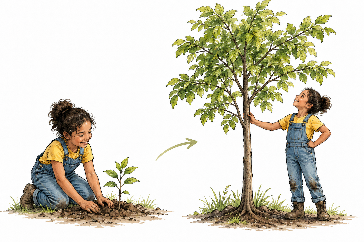 Two saplings before and after growth, clearly noticeable increase in size.