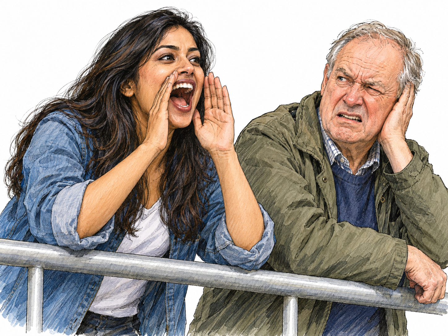 A young woman yells excitedly toward an off-frame sporting event, mouth wide open and hands cupped around it; a nearby spectator winces and covers the ear closest to her, making the loudness visible.