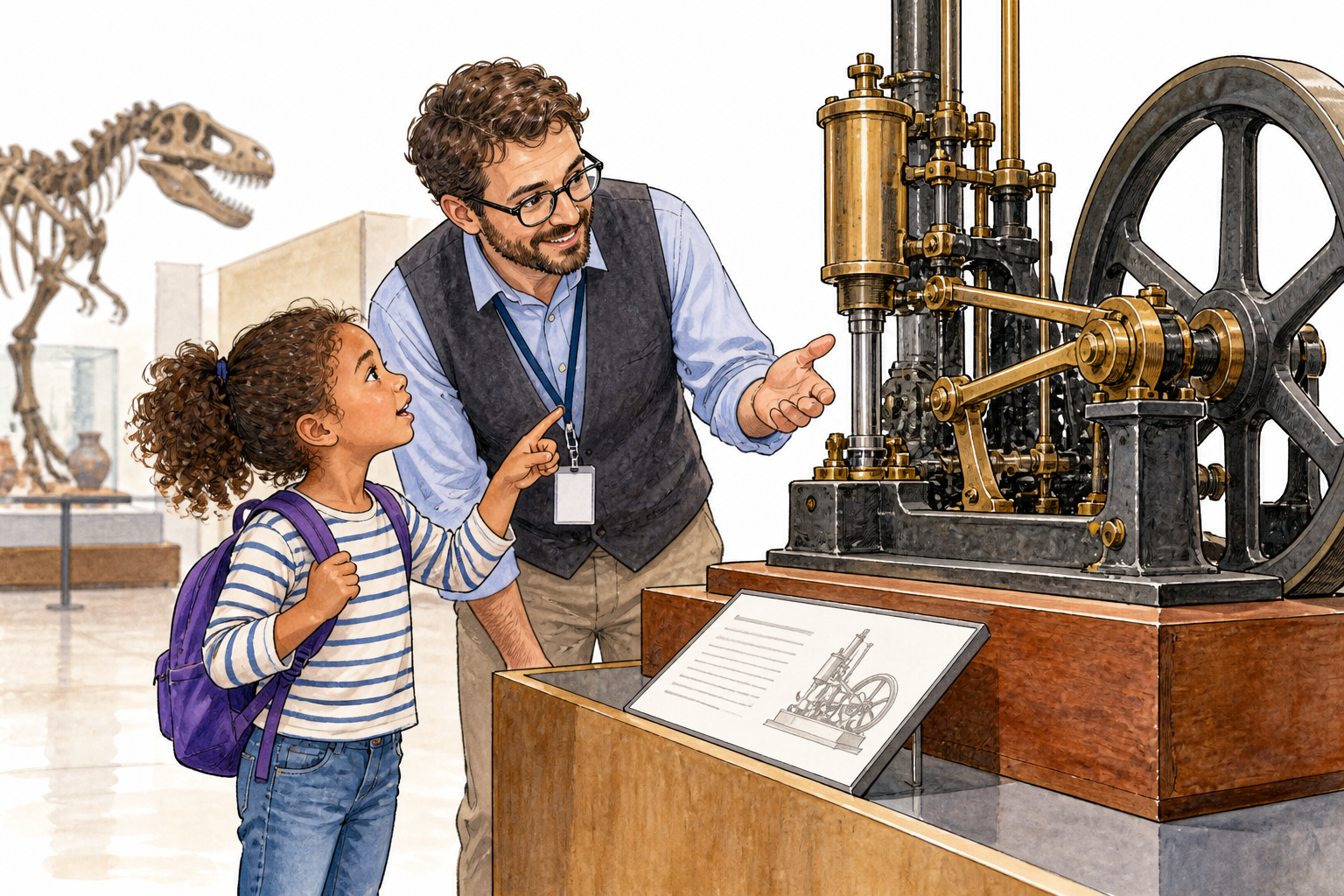 A curious child asks a museum guide questions about a mechanical exhibit.