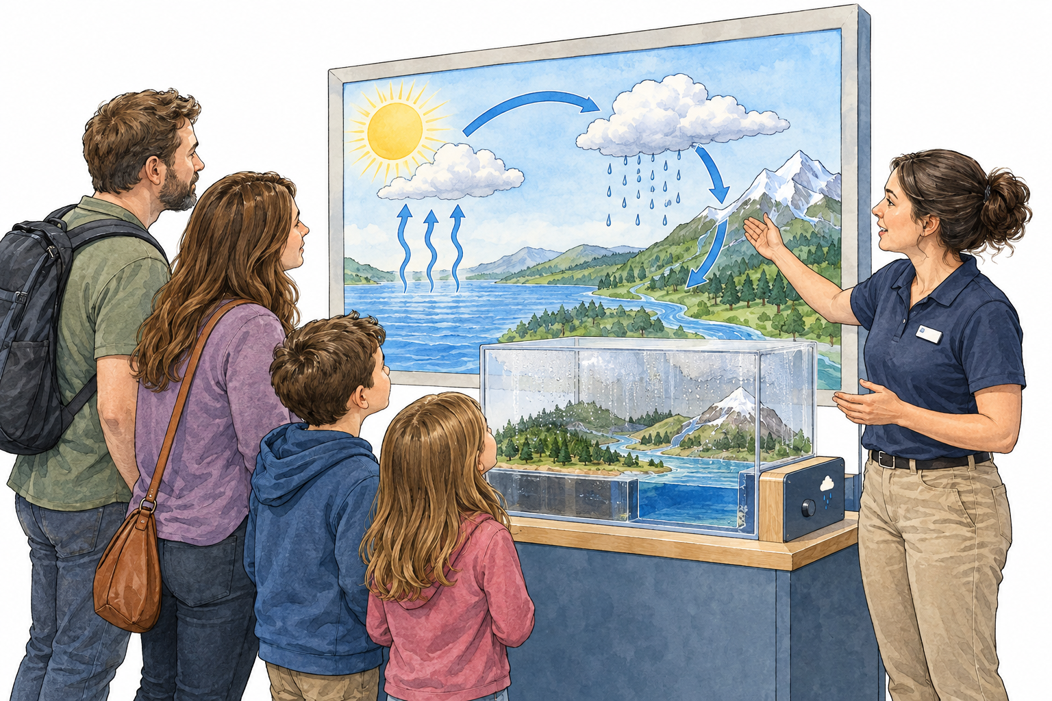 Science museum exhibit explains water cycle with simple diagram and attentive visitors, clear public presentation.