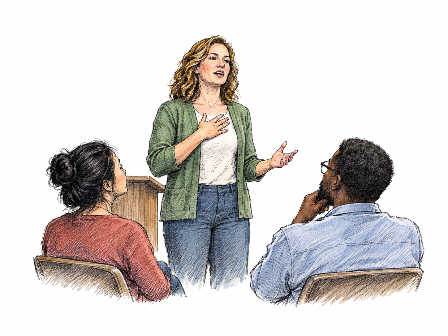 At a small public meeting an adult stands upright with hand on heart and speaks openly and firmly to two listeners, clear candid declarative gesture, no thought bubbles or signs.