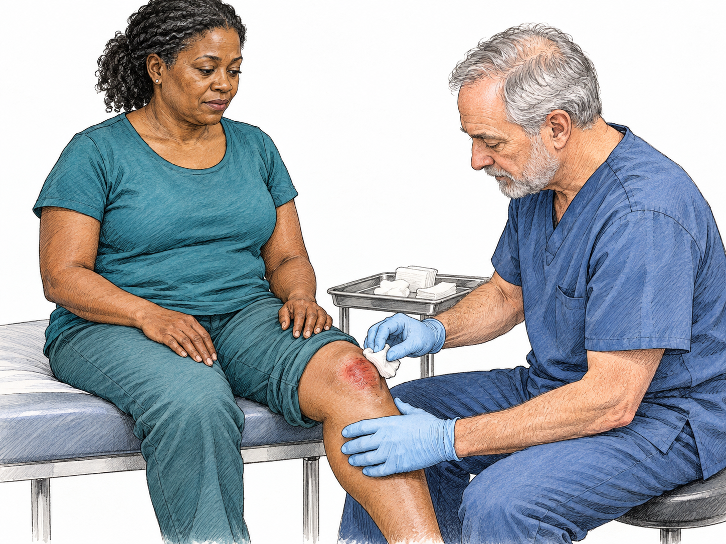 A woman calmly endures treatment of a visibly scraped knee: she sits upright with a composed face and relaxed hands while a clinician gently cleans the abrasion.