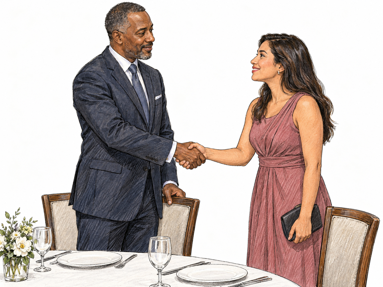 A man conducts himself courteously at a formal dinner, standing beside his chair to welcome an arriving guest with an attentive posture and a restrained, friendly greeting.
