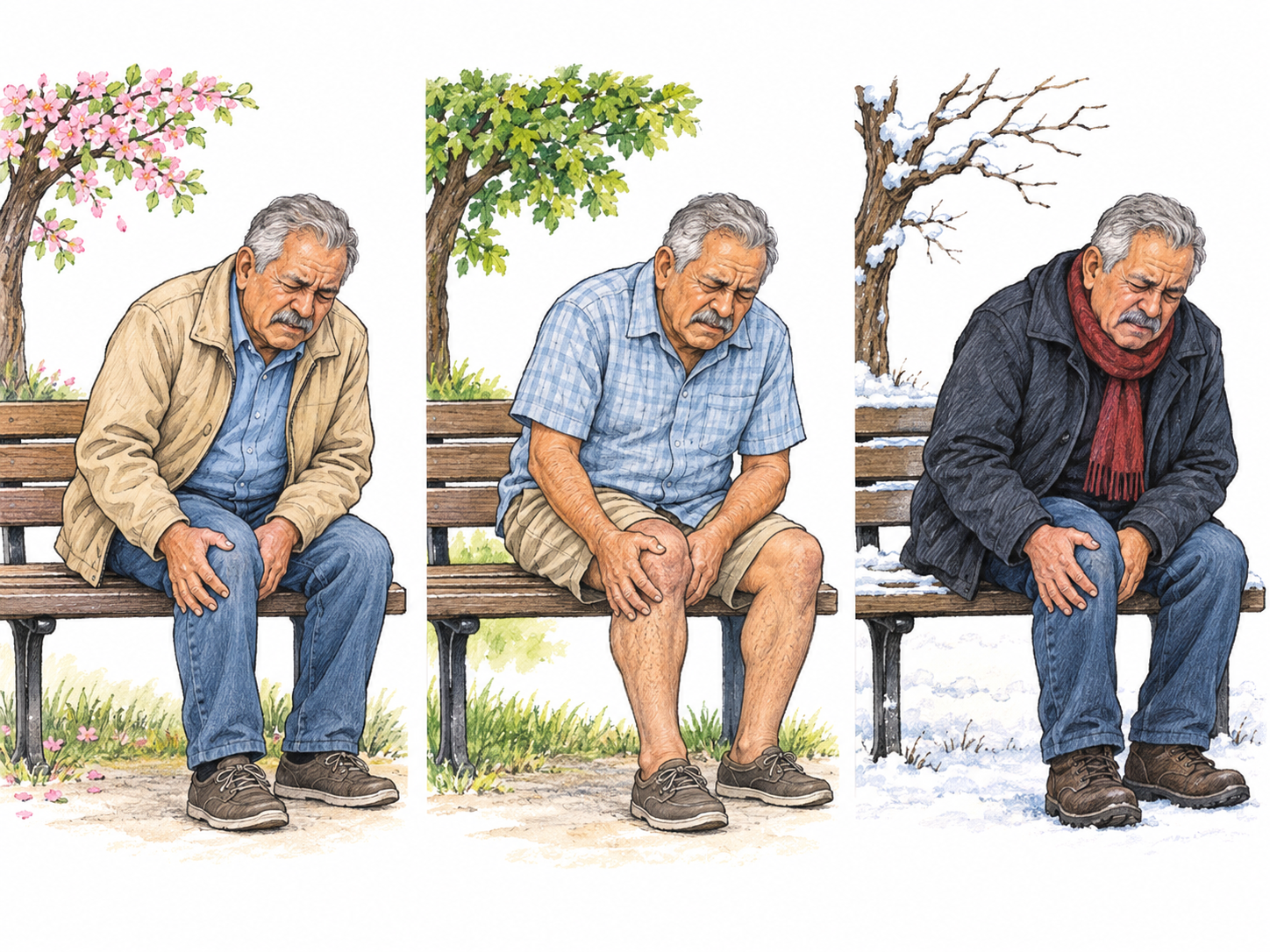 A text-free three-panel sequence shows the same older man experiencing the same knee pain across spring, summer and winter, making recurrence over a long period visible.