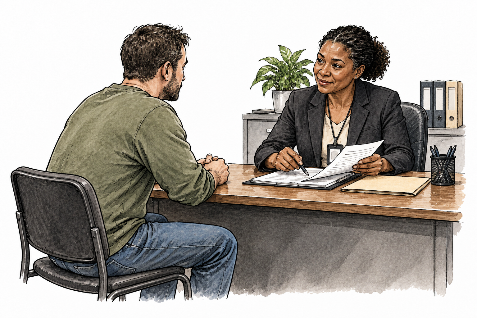 Former prisoner in everyday clothes meets parole officer at office desk with release paperwork, calm conditional supervision.