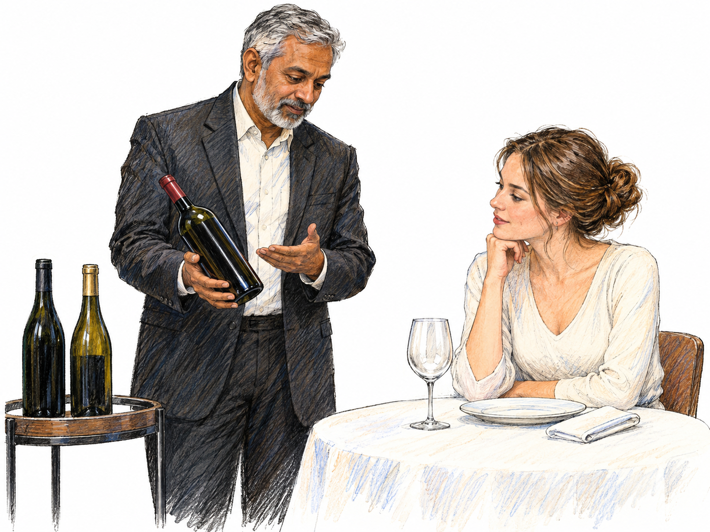 An older restaurant sommelier presents a wine bottle and advises a seated diner, with a small selection of alternative bottles nearby.