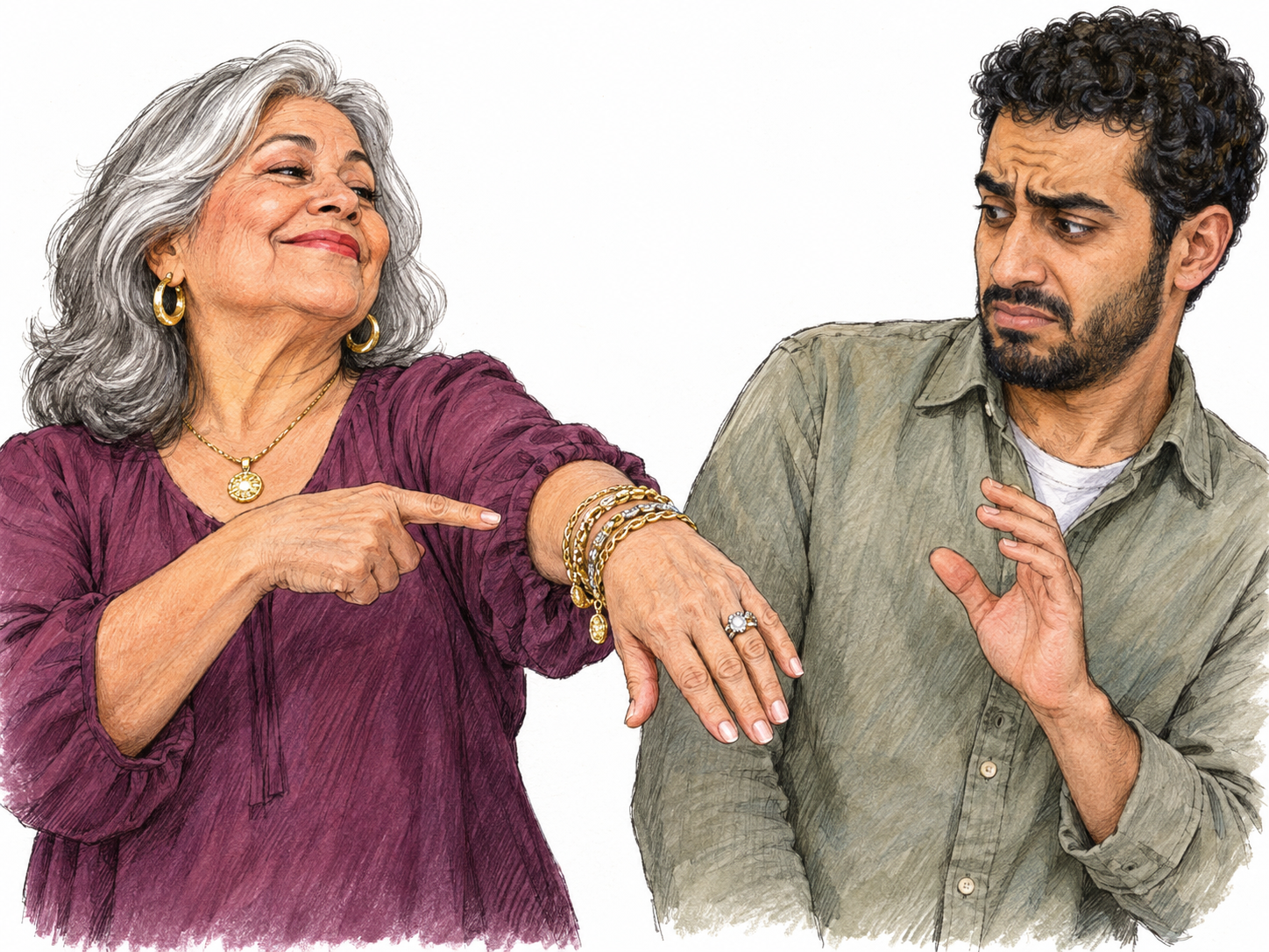 An elegantly dressed older woman ostentatiously displays her jewelry to a younger acquaintance, thrusting her jeweled wrist and ringed hand toward him with a smug smile while he recoils slightly in irritation.