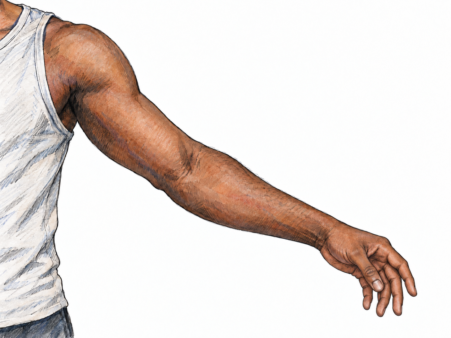 A close, natural anatomical view of a young man's bare arm, continuously visible from shoulder through elbow and wrist to relaxed fingertips.
