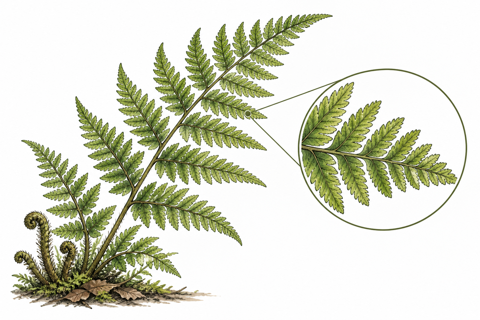 A fern frond with a magnified inset of a leaflet repeating the branching shape of the whole fern, natural self-similar pattern, no letters.