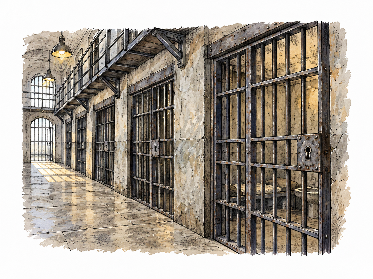 Prison building and locked cell corridor, emphasis on penal system.