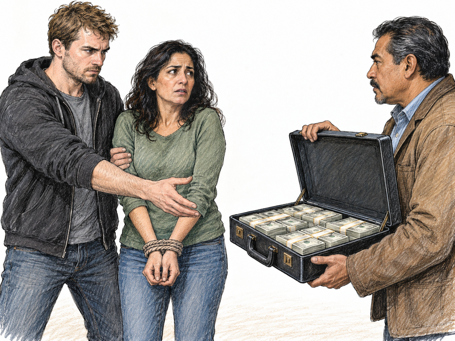 A restrained captive is visibly used as leverage in a ransom exchange: her captor grips her shoulder and reaches toward an open cash-filled case offered by another adult.