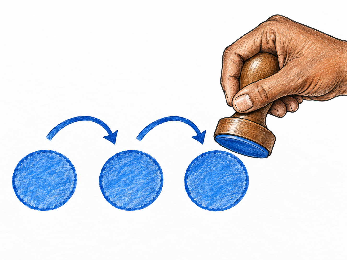 Hand stamps same plain blue circle three times across paper, curved return arrow above identical repeated marks communicates act of repetition.