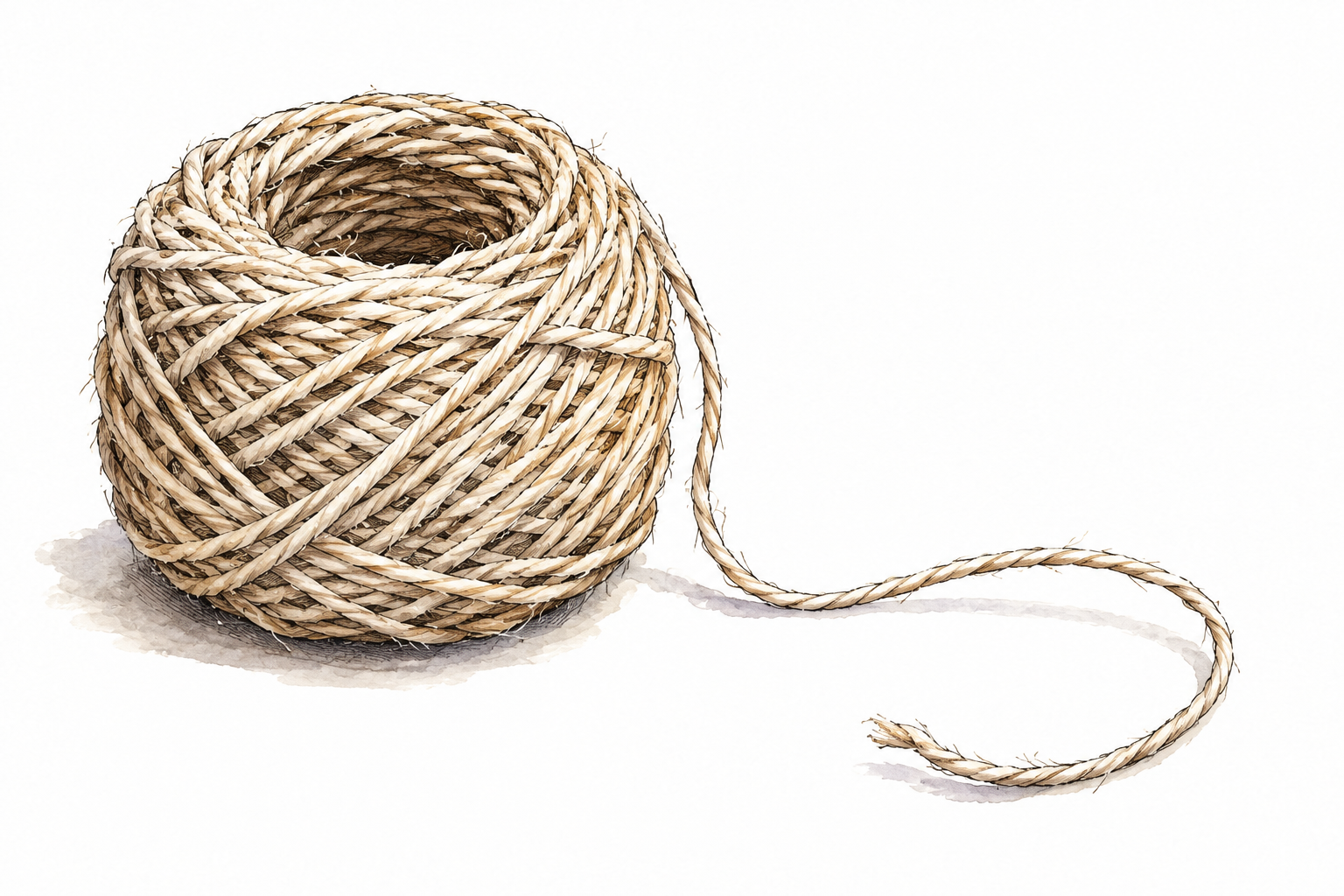 Coil of thin twisted cotton string with loose end.