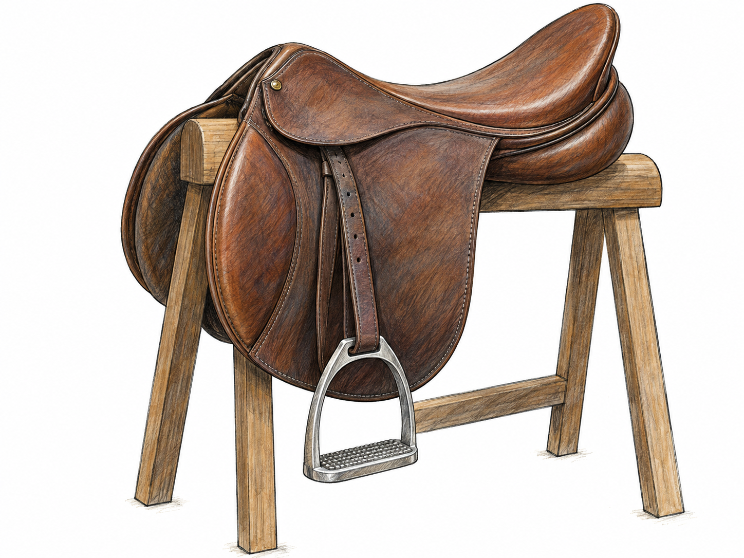 A close side view of a riding saddle on a plain saddle stand, with one metal stirrup prominently suspended from its leather strap.