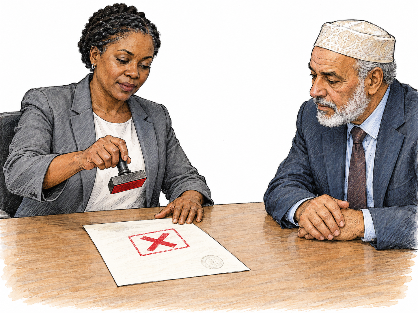 A modern official formally cancels an agreement by stamping its document with a bold red X while a second official witnesses the action across a simple desk.