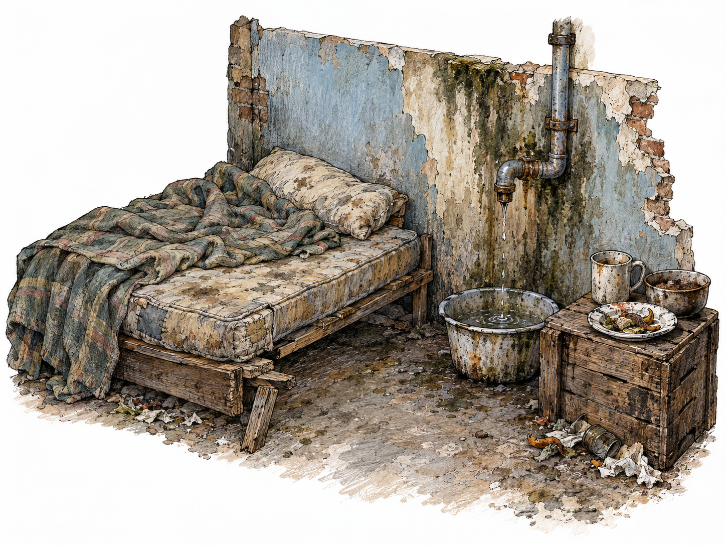 A sparse, visibly inhabited room in severe neglect: a thin patched mattress beside damp, peeling plaster, a leaking pipe dripping into a dirty basin, and accumulated grime, spoiled scraps and unwashed dishes.