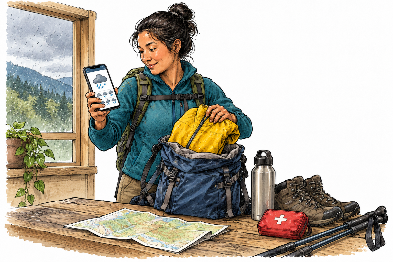 A hiker sensibly checks the weather and packs a raincoat before setting out.