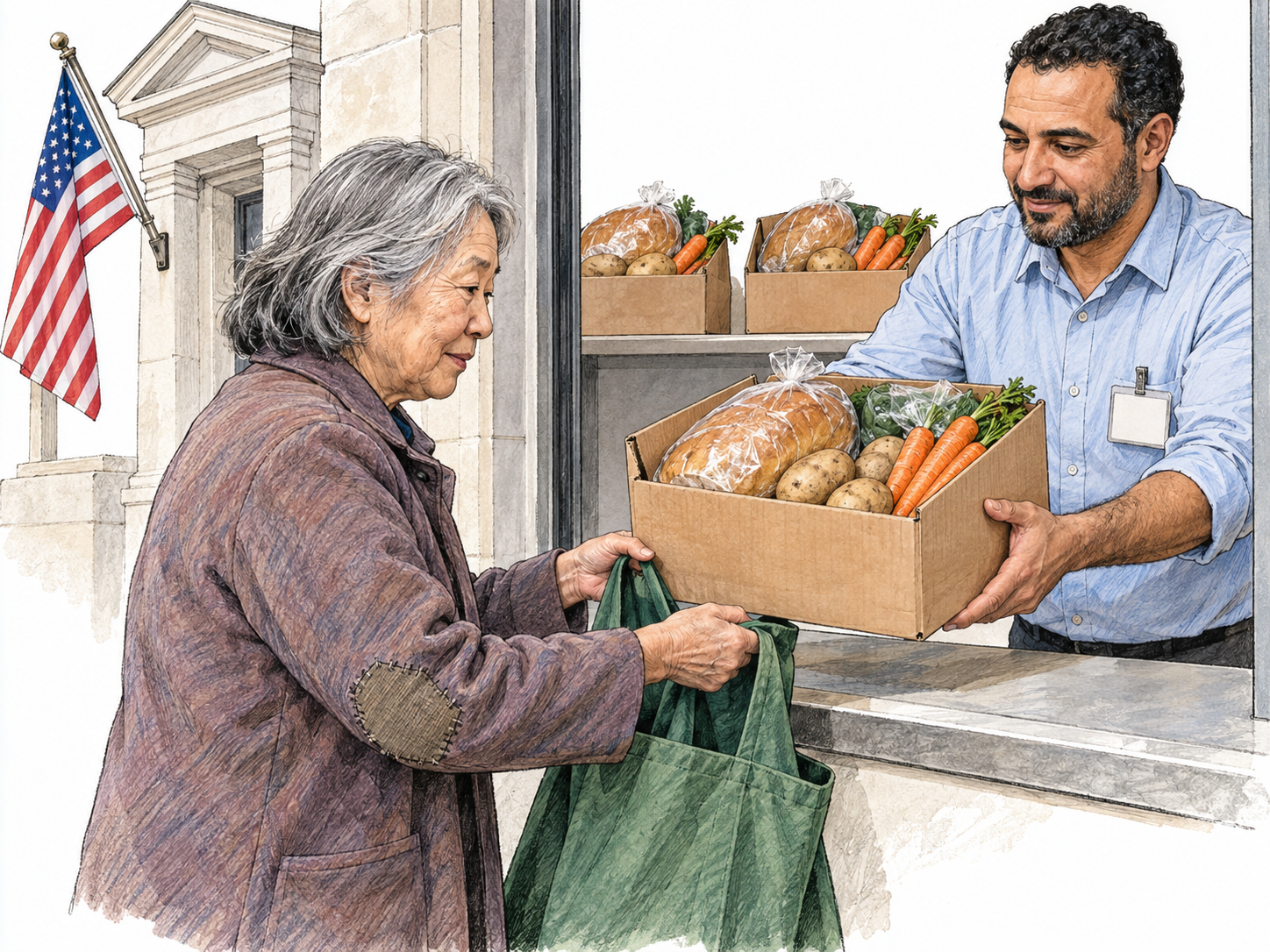 Government food assistance depicted as a staple-food parcel handed to an older recipient at a municipal distribution counter, with a national flag, civic architecture and an official service window reinforcing public provision.