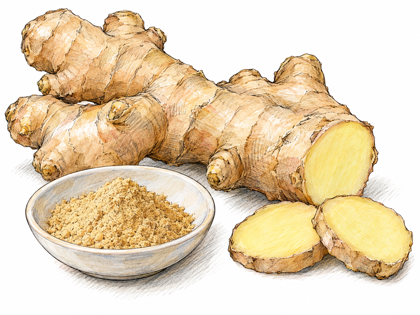 A recognizable knobby ginger rhizome, one freshly cut piece exposing its pale yellow interior, and a small dish of ground ginger show both the source and the prepared spice.