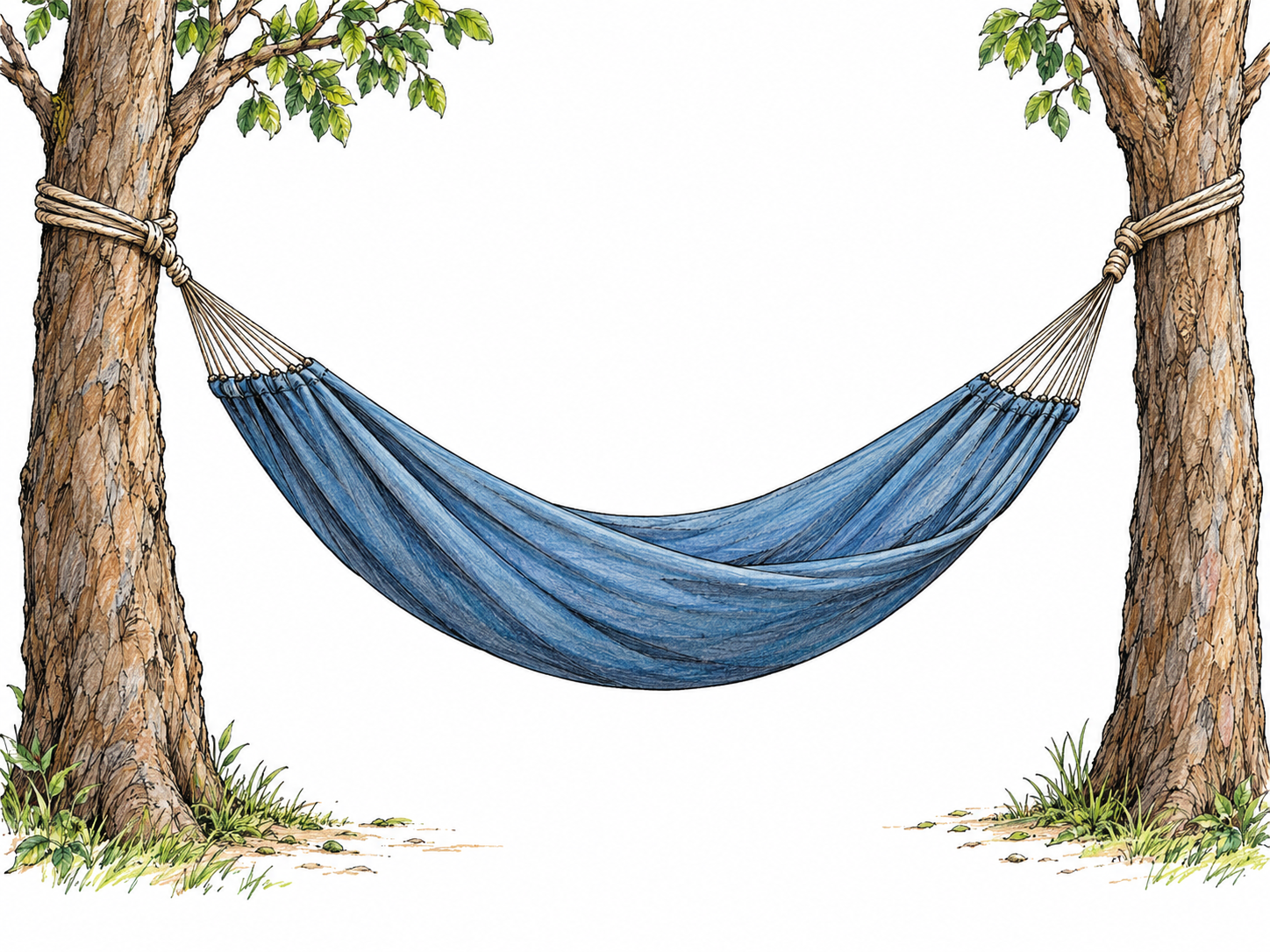 An empty fabric hammock hangs in a deep, bed-length curve between two sturdy trees, with both suspension ropes and attachment points clearly visible.
