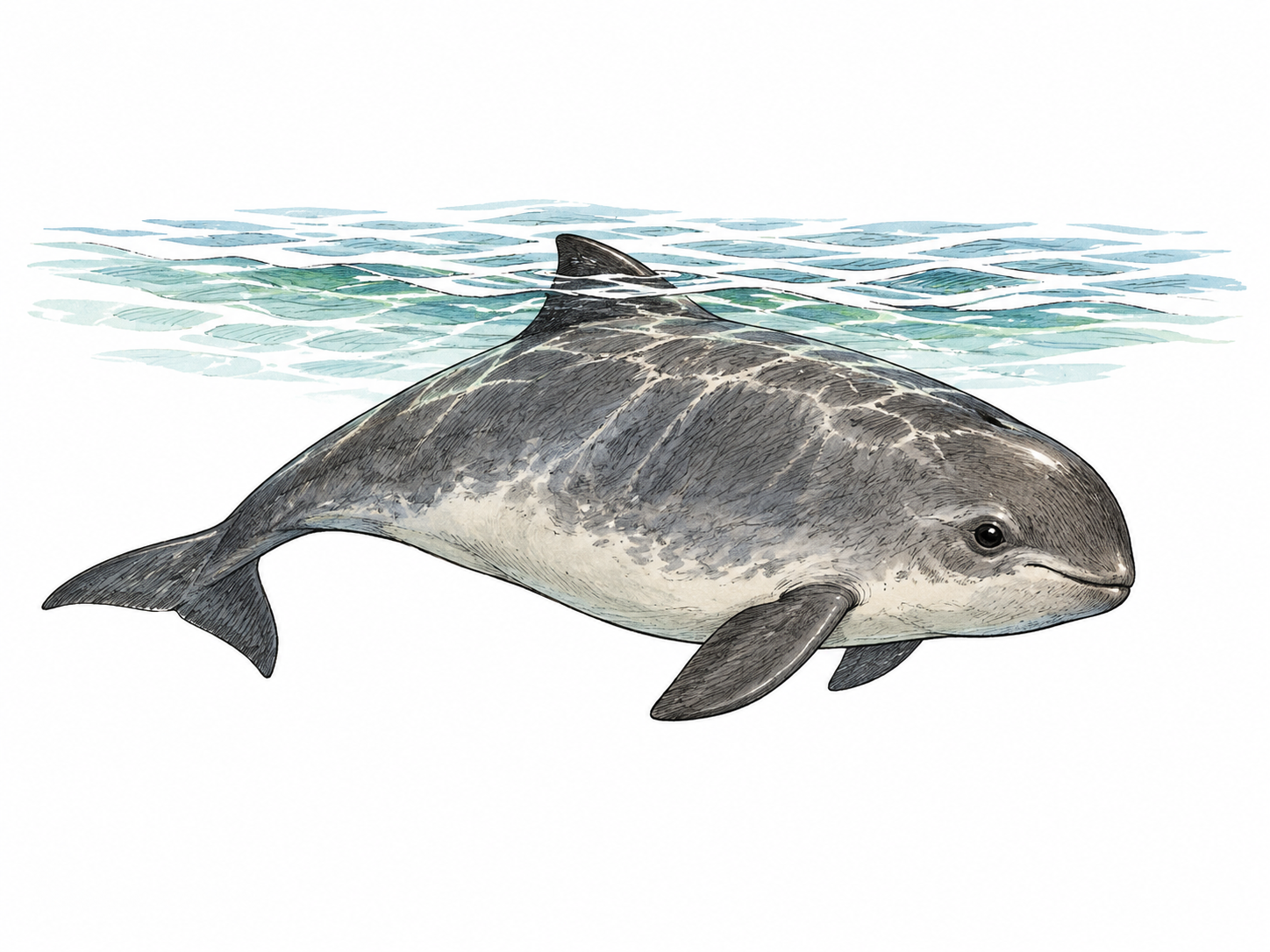 A harbor porpoise swimming just below calm coastal water, compact body, rounded blunt head without long dolphin beak, small triangular dorsal fin, natural gray back and pale belly.