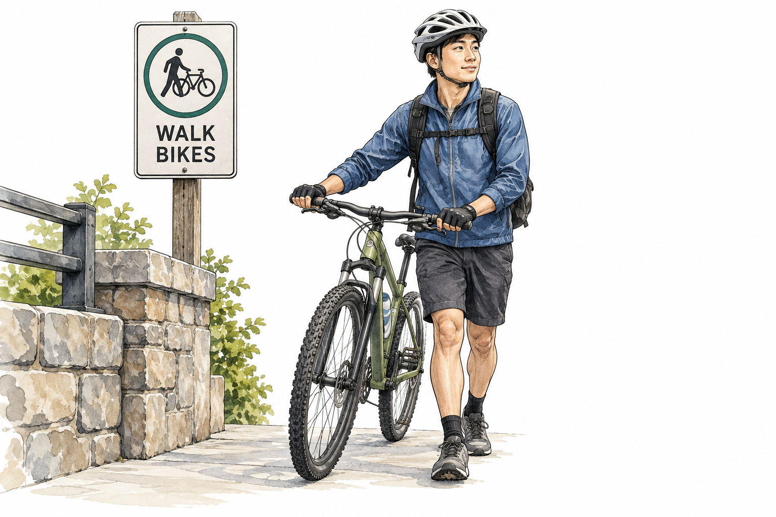 East Asian cyclist dismounts and walks bicycle past clear WALK BIKES sign, complying with rule.