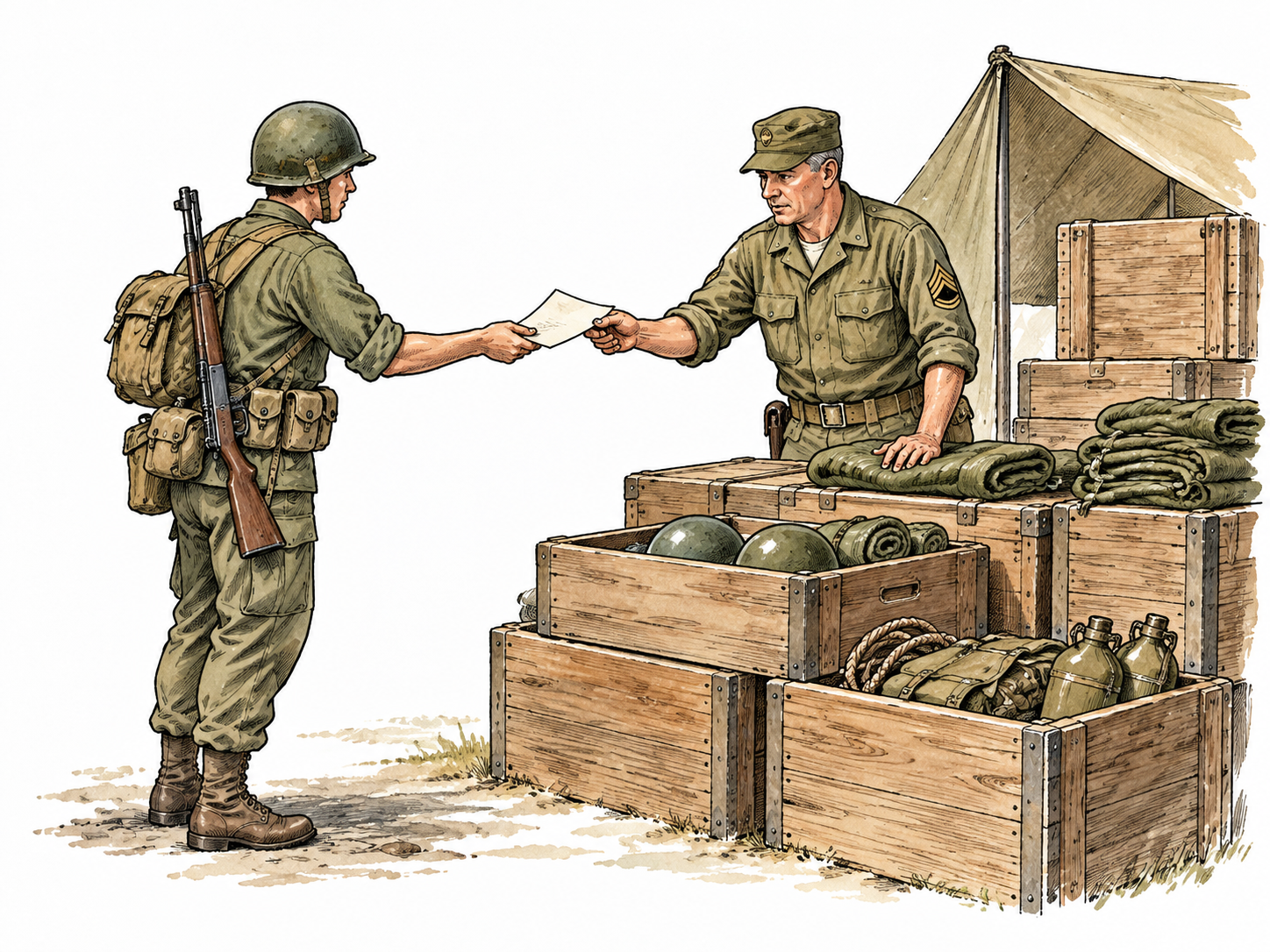 A uniformed quartermaster receives a formal supply request and prepares crates of needed equipment, no legible text.