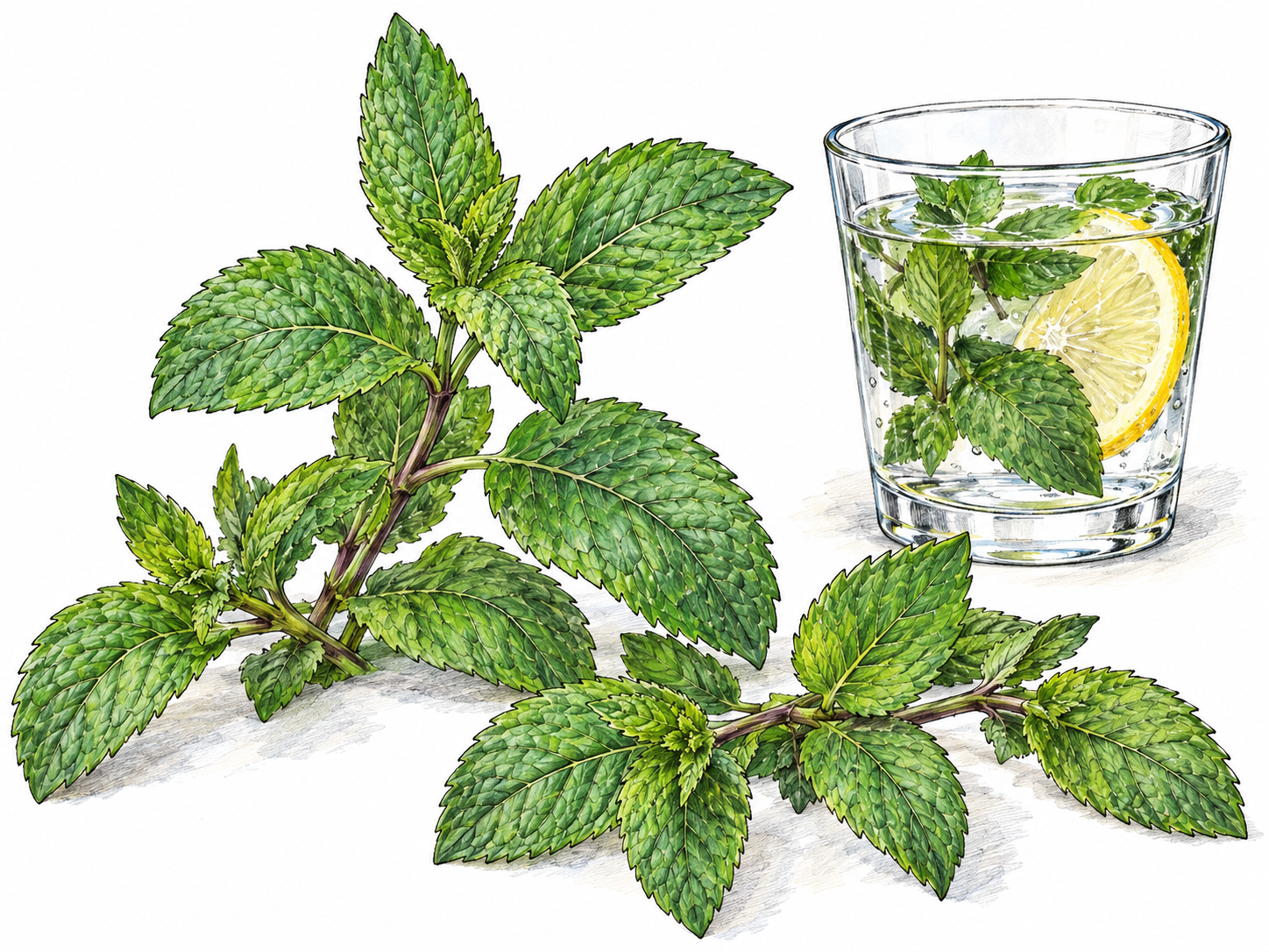 Fresh mint sprigs with clearly visible opposite pairs of serrated leaves, beside a clear glass of water containing matching mint leaves and a lemon slice, showing the herb and its culinary use.